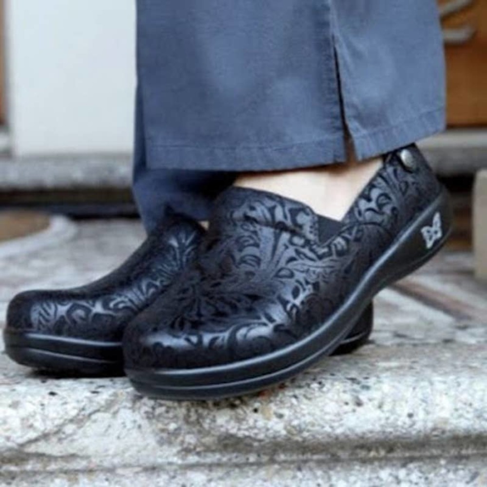 Alegria Keli Paisley Embossed Black Leather PRO Clogs Size 37 - 7-7.5